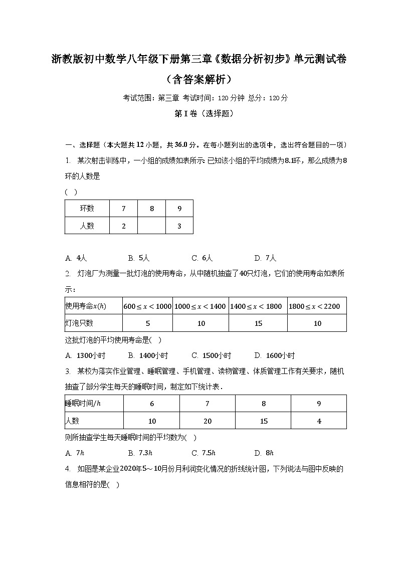 浙教版初中数学八年级下册第三章《数据分析初步》单元测试卷(含答案解析)01