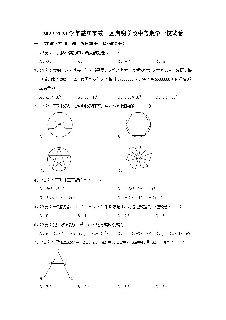 2023年广东省湛江市霞山区启明学校中考数学一模试卷 (含答案)第1页