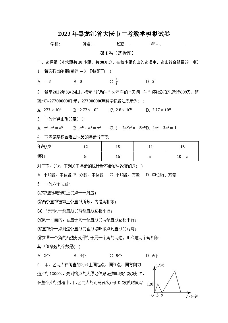 2023年黑龙江省大庆市中考数学模拟试卷 (含答案)01