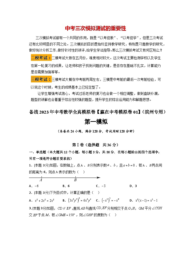 备战2023年中考数学全真模拟卷【赢在中考模拟卷01】(滨州专用)(原卷版)第1页
