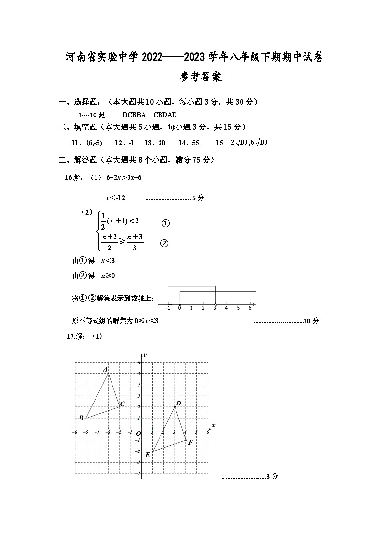 河南省实验中学2022——2023学年八年级下期期中试卷参考答案第1页