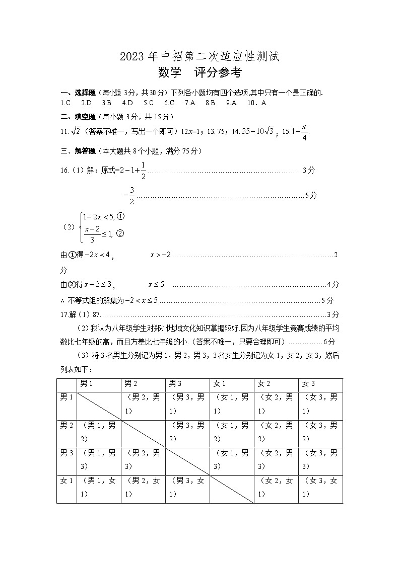 2023郑州二模数学答案第1页