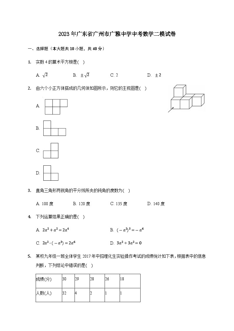 2023年广东省广州市广雅中学中考数学二模试卷(含答案)第1页