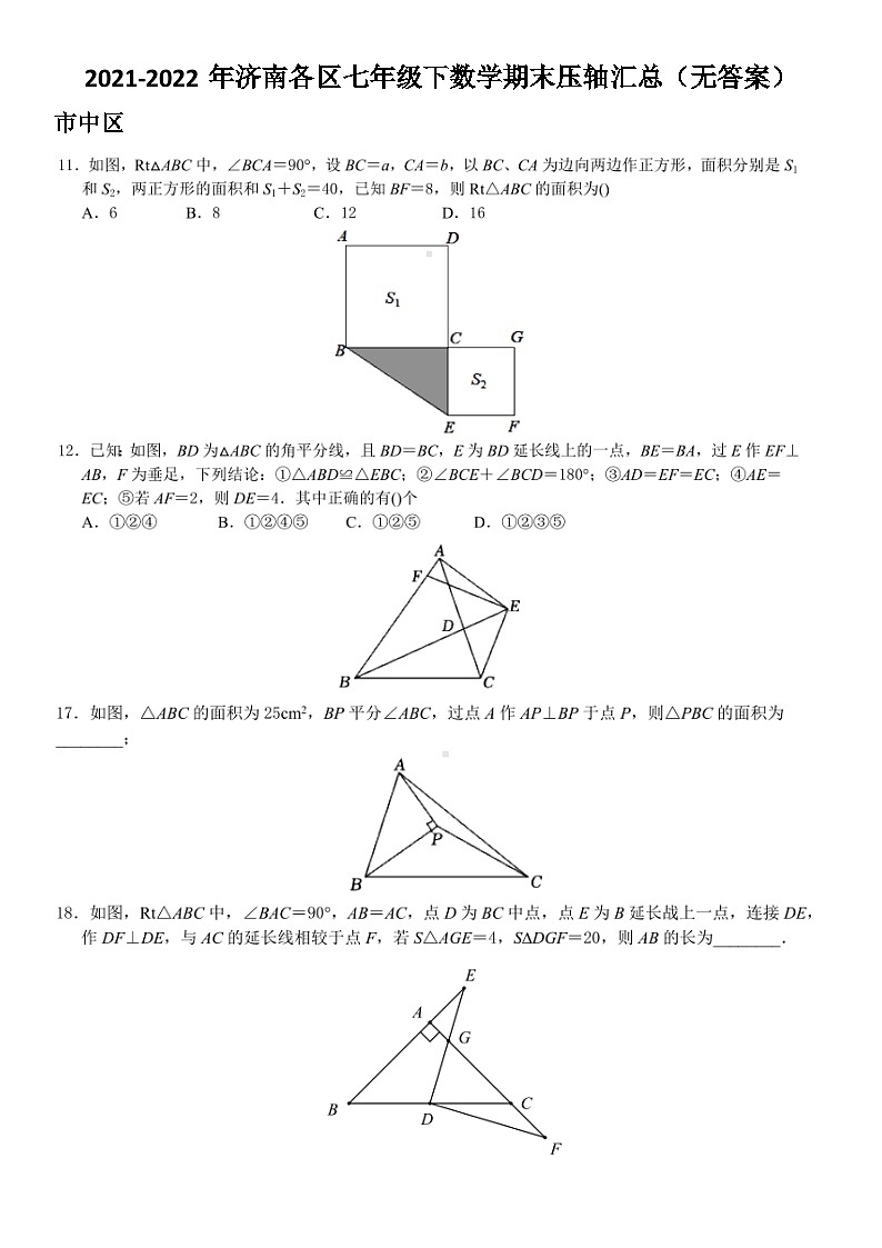 2021-2022年济南各区七年级下数学期末压轴汇总(无答案)第1页