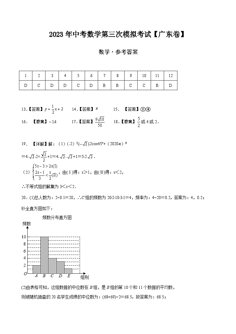 (广东卷)2023年中考数学第三次模拟考试(参考答案)第1页