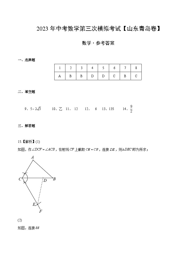 (山东青岛卷)2023年中考数学第三次模拟考试(参考答案)第1页
