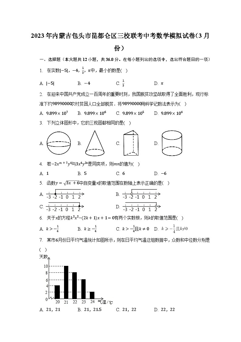2023年内蒙古包头市昆都仑区三校联考中考数学模拟试卷(3月份)(含解析)第1页