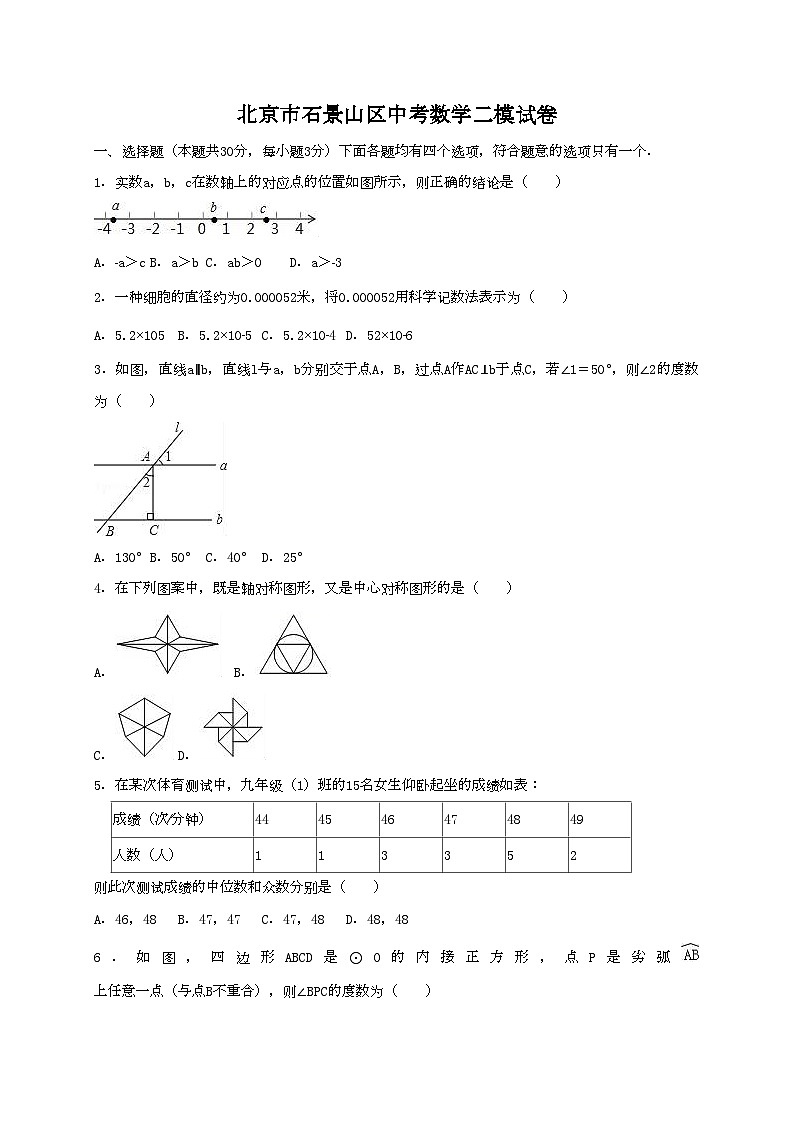 2022年北京市石景山区中考数学二模试卷第1页