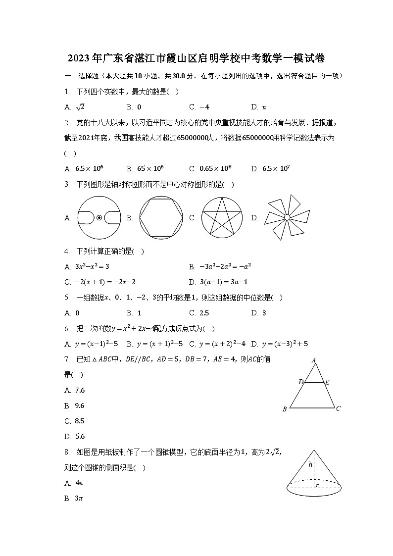2023年广东省湛江市霞山区启明学校中考数学一模试卷(含解析)第1页