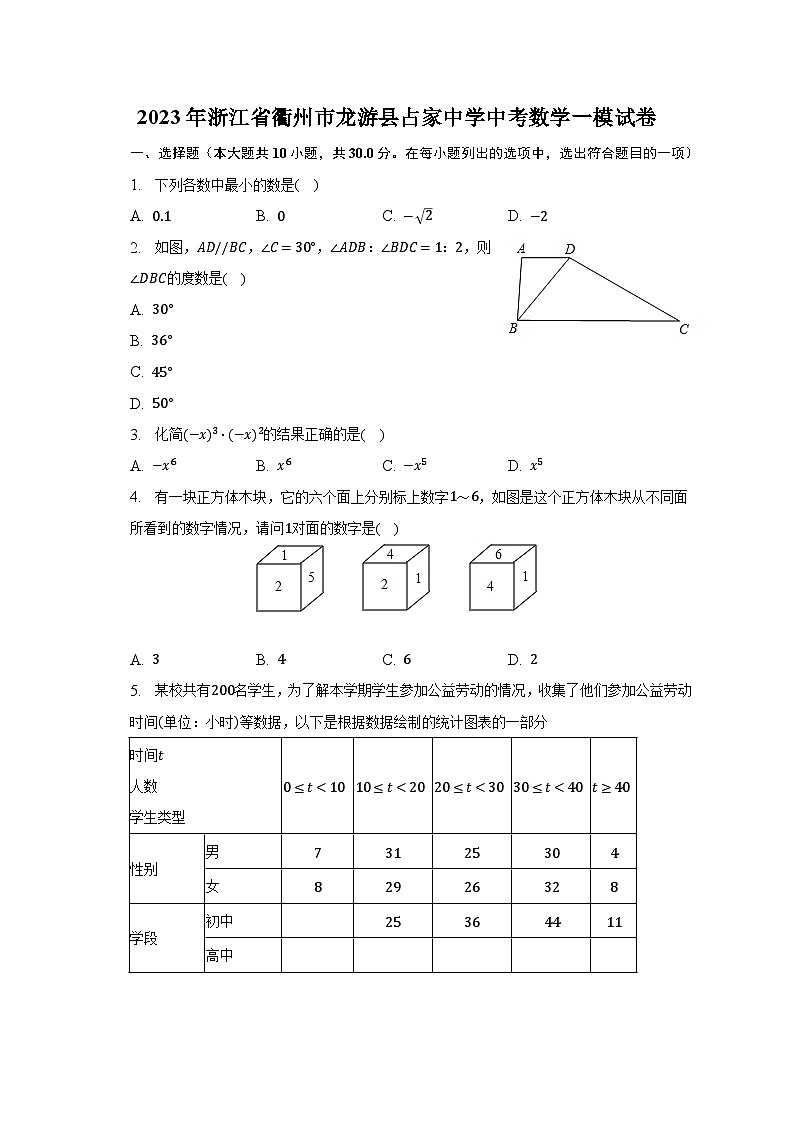 2023年浙江省衢州市龙游县占家中学中考数学一模试卷(含解析)01