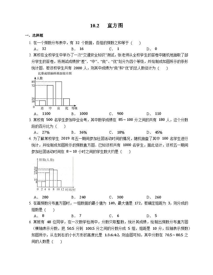 人教版數(shù)學七年級下冊同步練習10.2   直方圖第1頁
