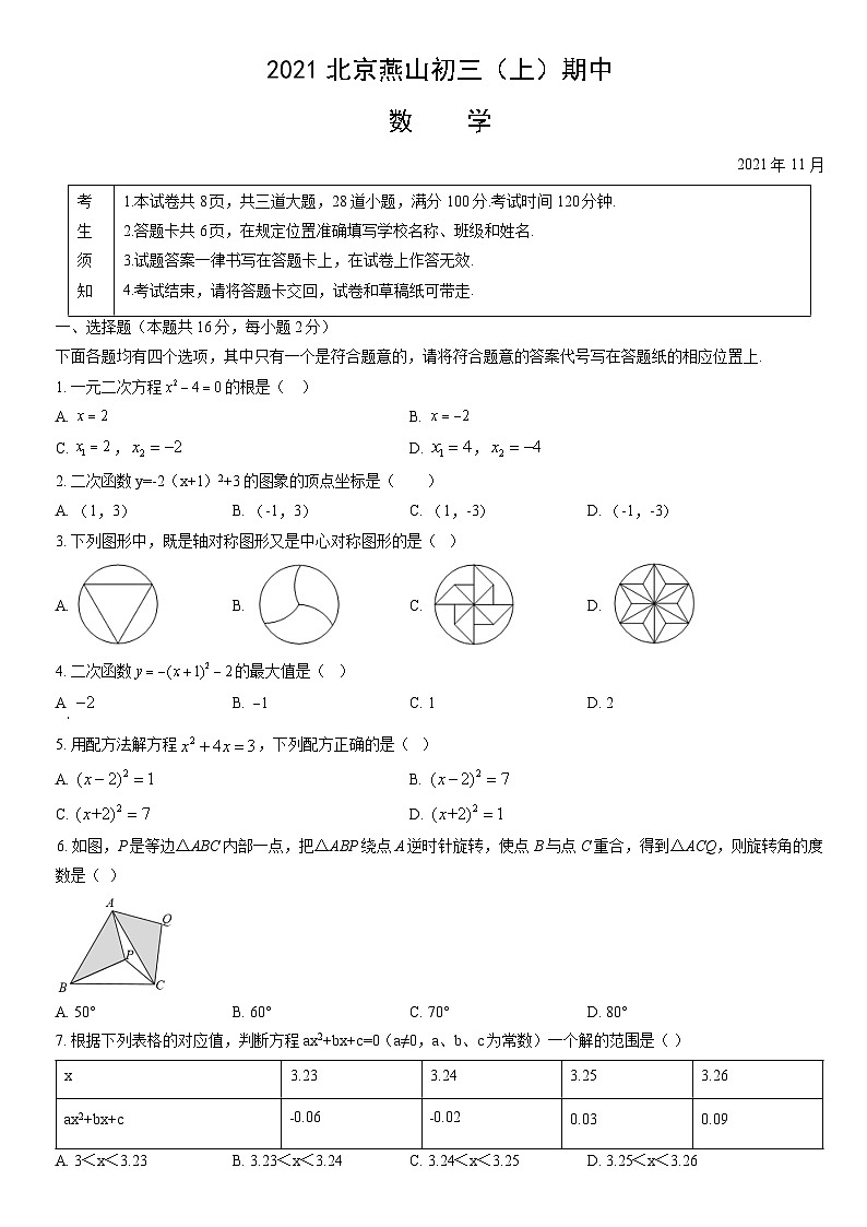 2021北京燕山初三(上)期中数学(教师版)第1页