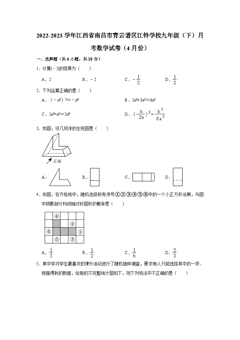 2022-2023学年江西省南昌市青云谱区江铃学校九年级(下)月考数学试卷(4月份)(含解析)第1页