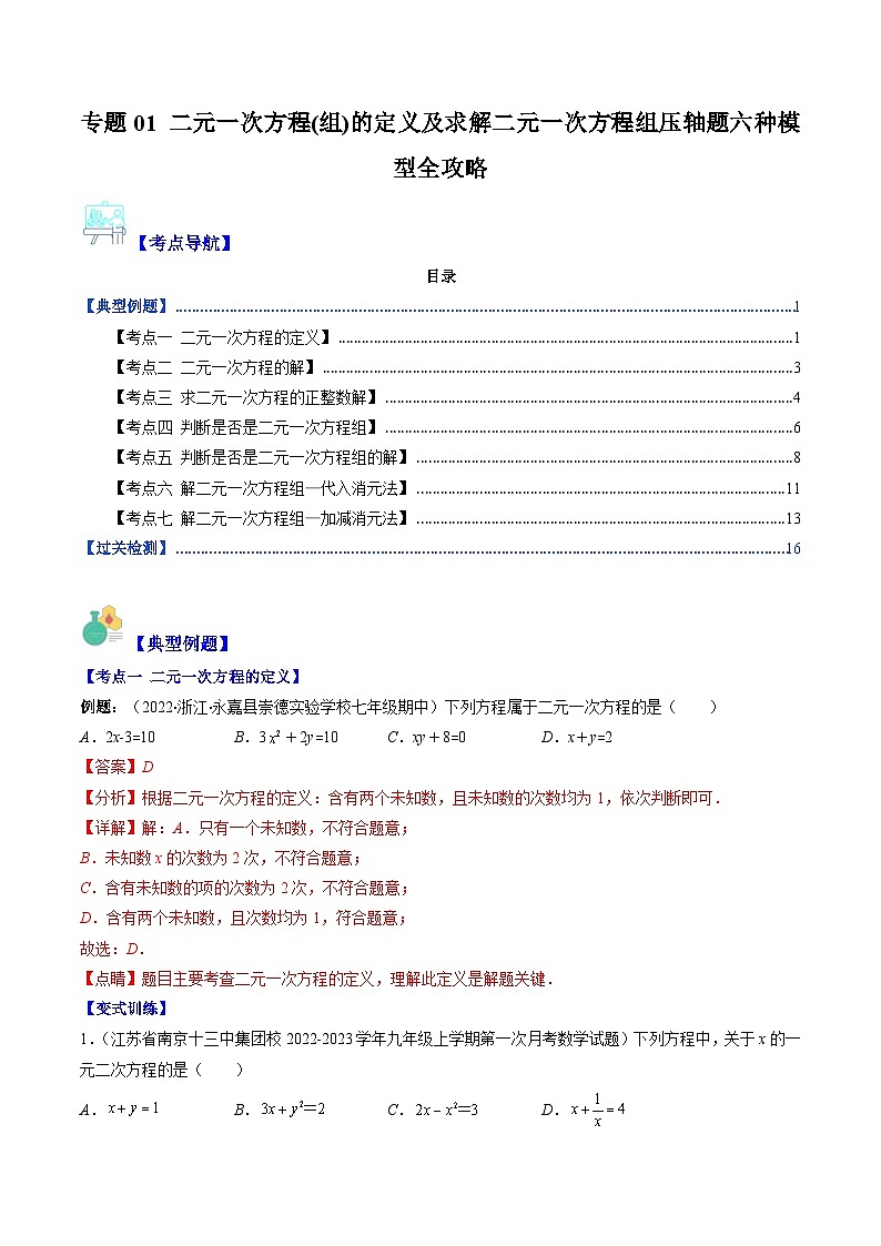 专题01 二元一次方程(组)的定义及求解二元一次方程组压轴题六种模型全攻略(解析版)第1页