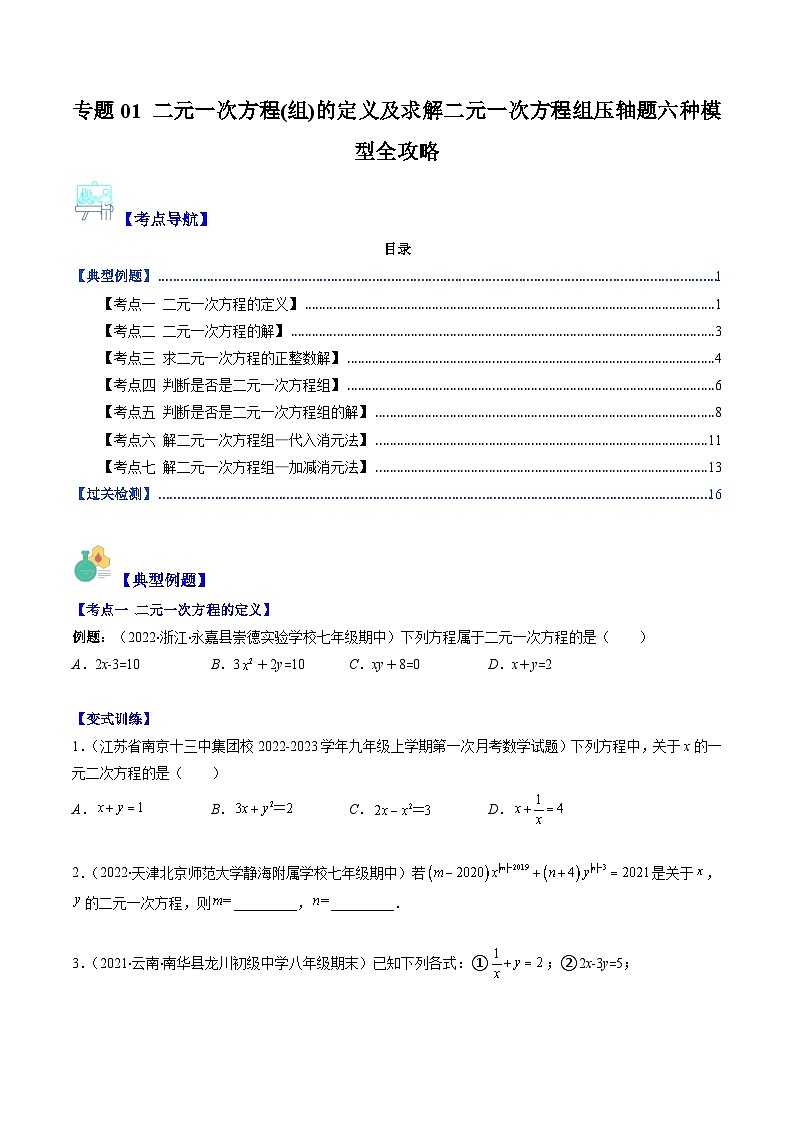 专题01 二元一次方程(组)的定义及求解二元一次方程组压轴题六种模型全攻略(原卷版)第1页