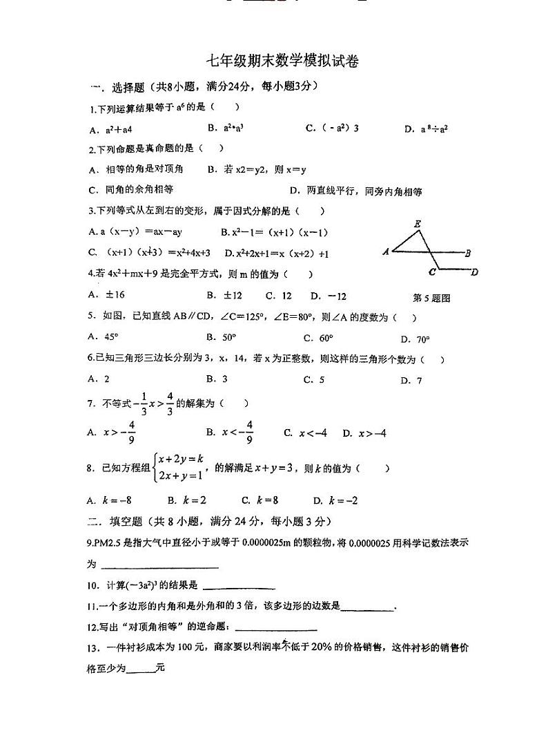 江苏省徐州市沛县第五中学2022-2023学年七年级下学期6月月考数学试题01