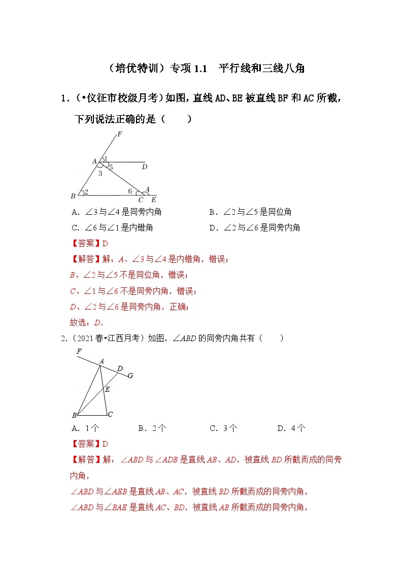 （培优特训）专项1.1 平行线和三线八角-七年级数学下册《同步考点解读•专题训练》（浙教版）01