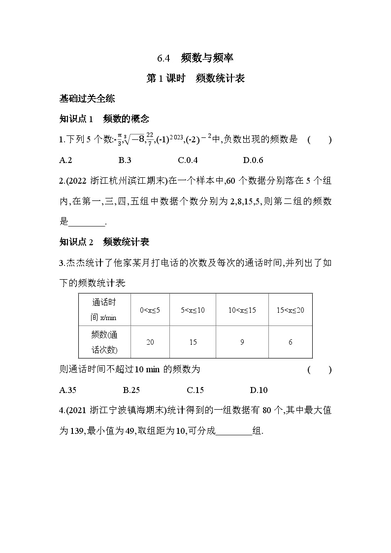 浙教版七年级下册6.4频数与频率同步测试题