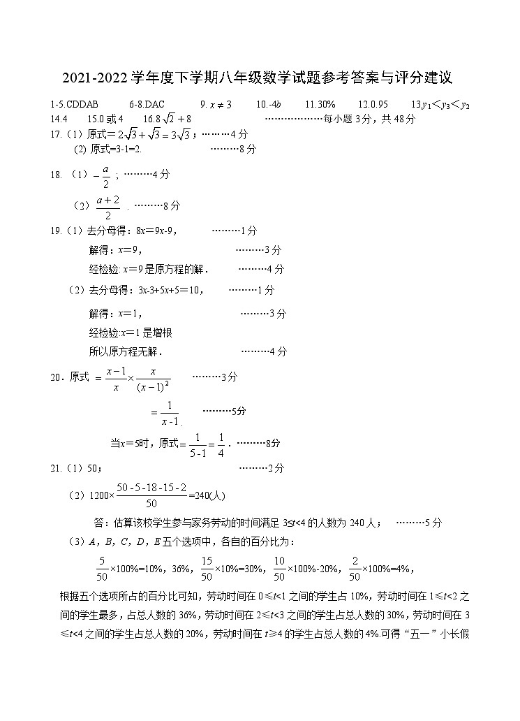 江苏省连云港市东海县2021-2022学年八年级下学期期末考试数学参考答案与评分建议第1页