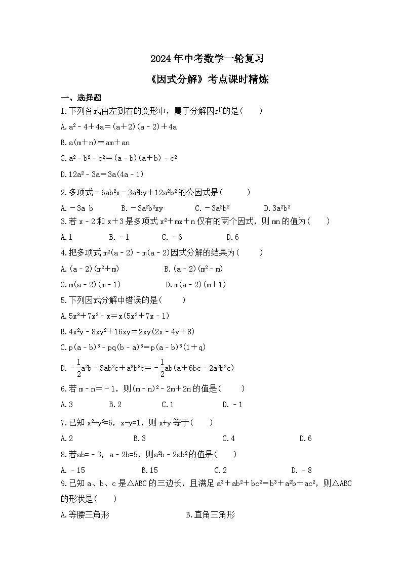 2024年中考数学一轮复习《因式分解》考点课时精炼(含答案)第1页
