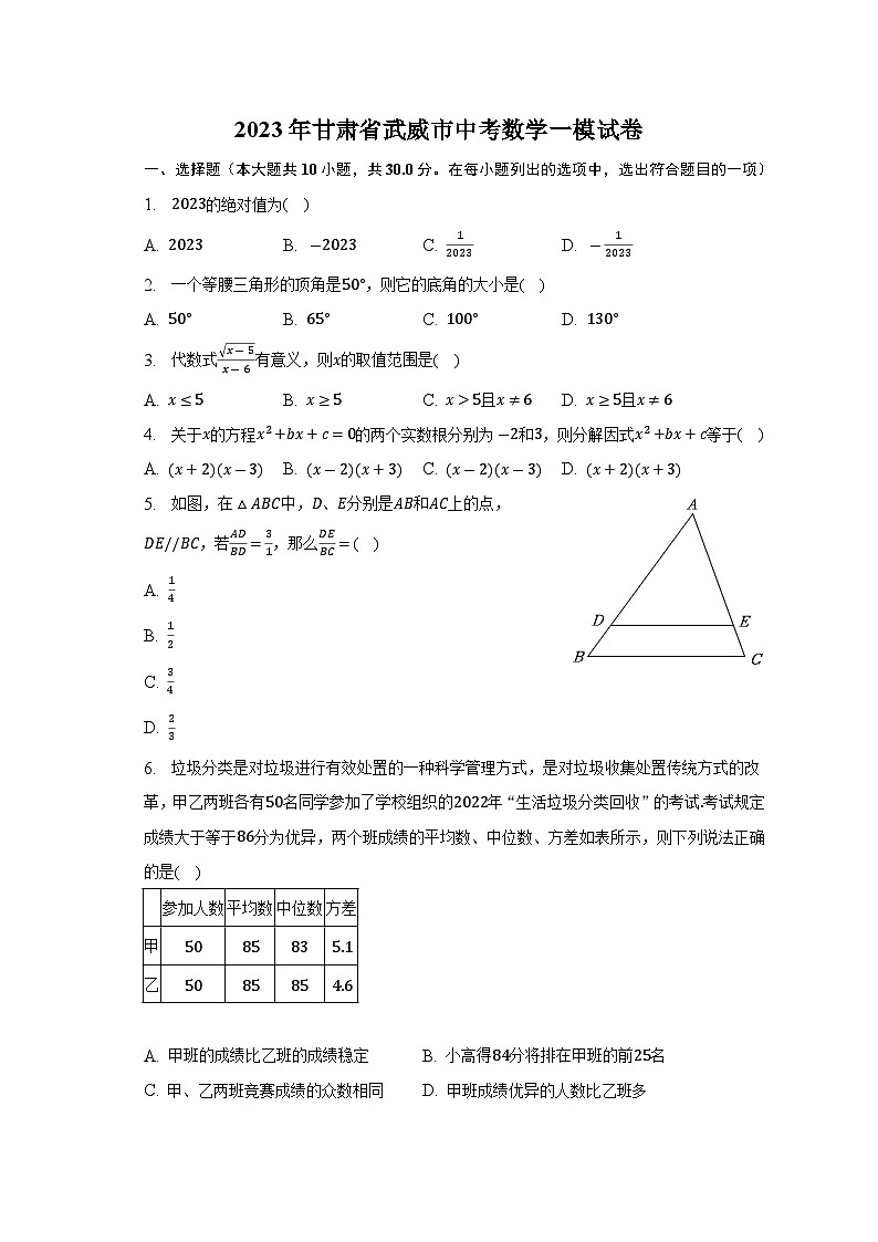 2023年甘肅省武威市中考數(shù)學(xué)一模試卷(含解析)第1頁