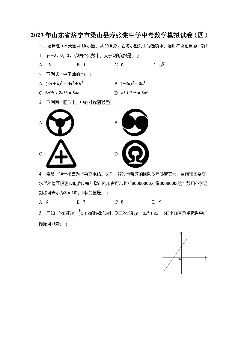 2023年山东省济宁市梁山县寿张集中学中考数学模拟试卷(四)(含解析)第1页