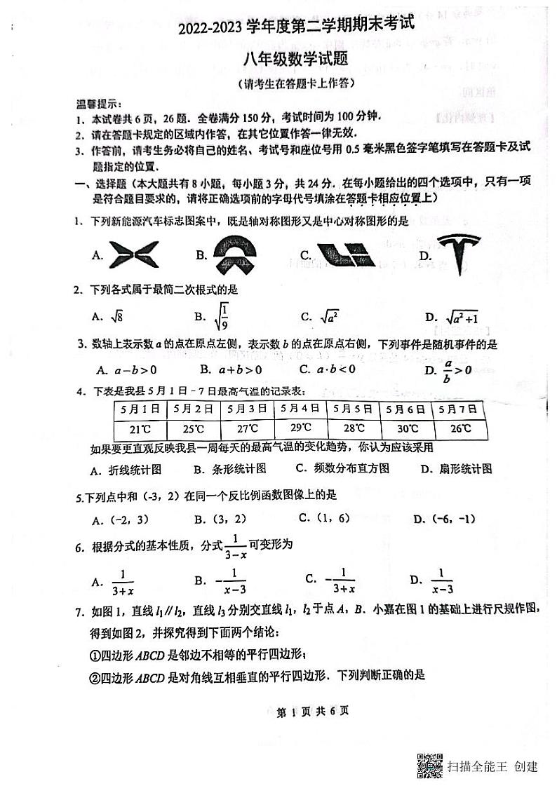 江苏省连云港市东海县2022-2023学年八年级下学期6月期末数学试题第1页