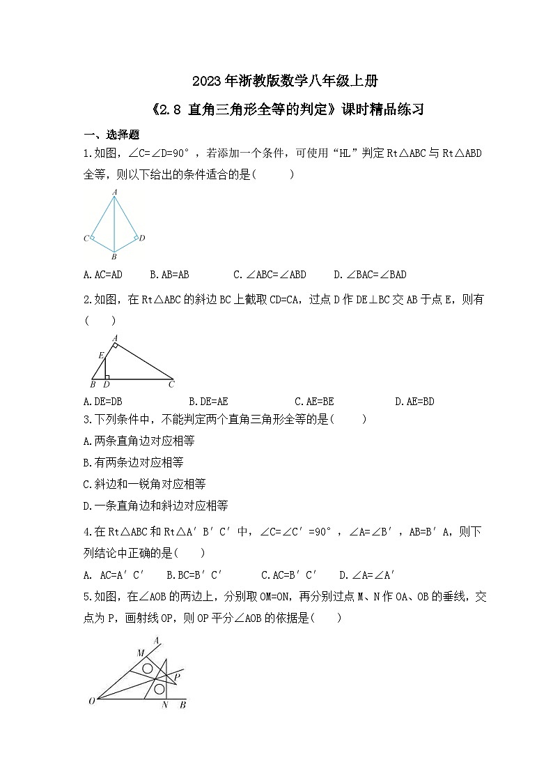 2023年浙教版数学八年级上册《2.8 直角三角形全等的判定》课时精品练习(含答案)01