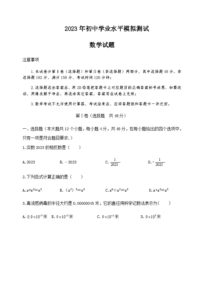 2023年山东省泰安市泰山实验中学 九年级 第一次模拟考试数学试题01