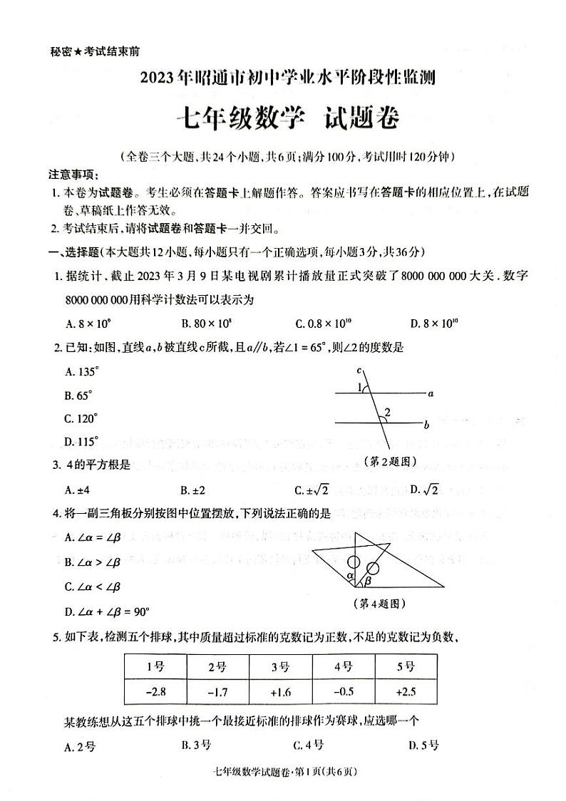2023年云南省昭通市春季学期正道中学初中学业水平阶段性监测七年级数学01