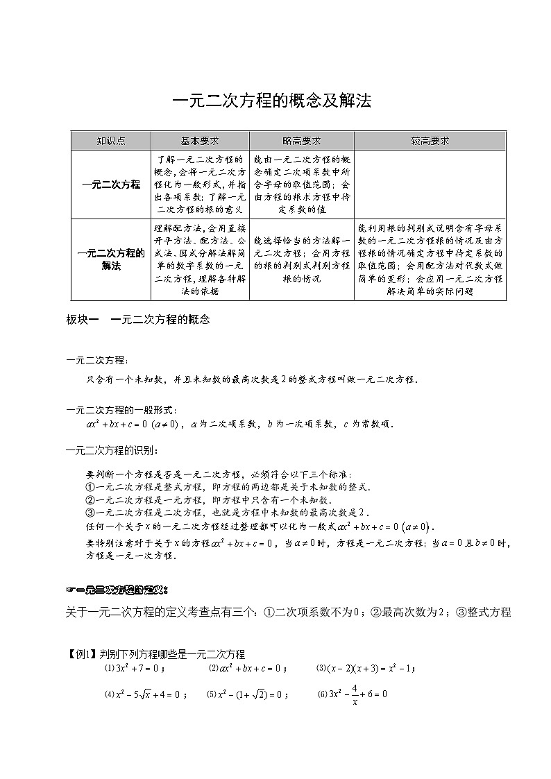 1初中数学.一元二次方程的概念及解法.第01讲 试卷01