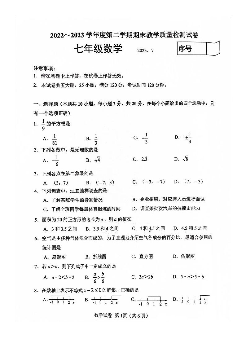 2022-2023学年大连市金普新区七年级下数学期末试卷第1页