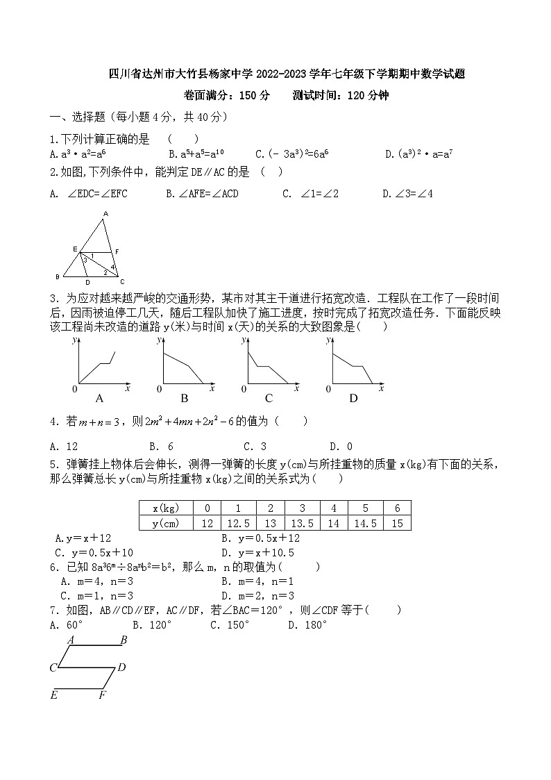 四川省达州市大竹县杨家中学2022-2023学年七年级下学期期中数学试题第1页
