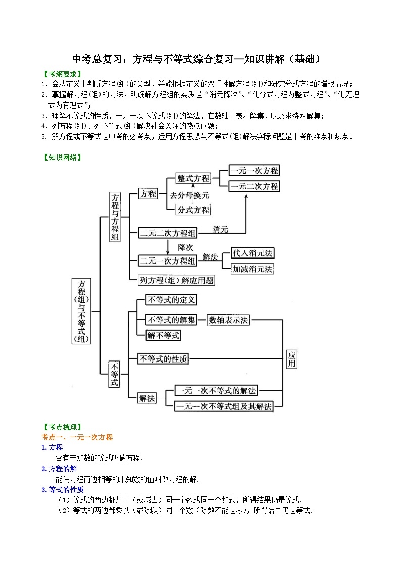 13中考总复习：方程与不等式综合复习--知识讲解（基础）01