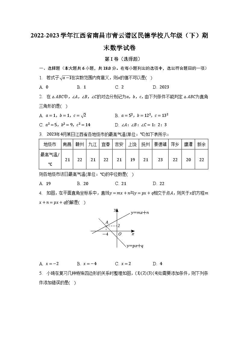 2022-2023学年江西省南昌市青云谱区民德学校八年级(下)期末数学试卷(含解析)第1页