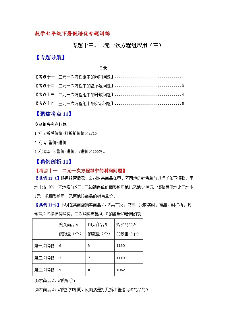 数学七年级下暑假培优专题训练（十三）01