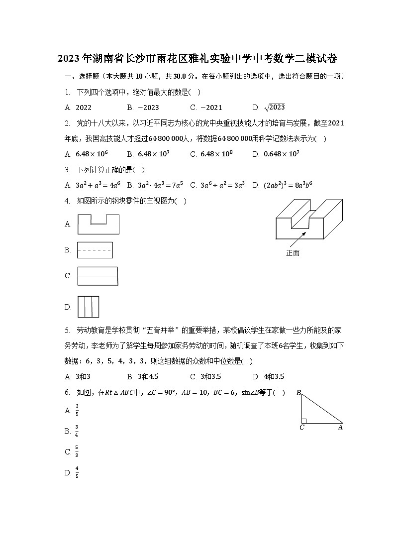 2023年湖南省长沙市雨花区雅礼实验中学中考数学二模试卷(含解析)第1页