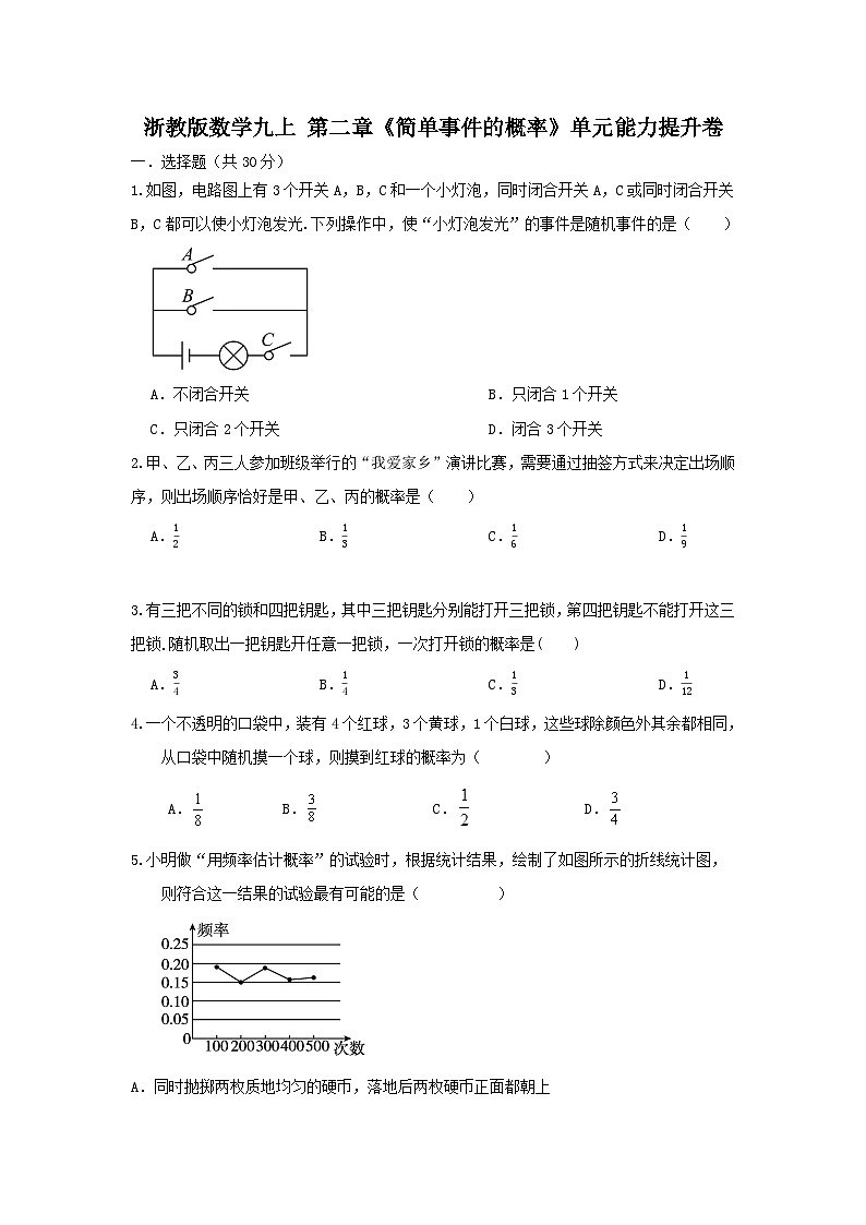浙教版数学九上 第二章《简单事件的概率》单元能力提升卷(困难)01