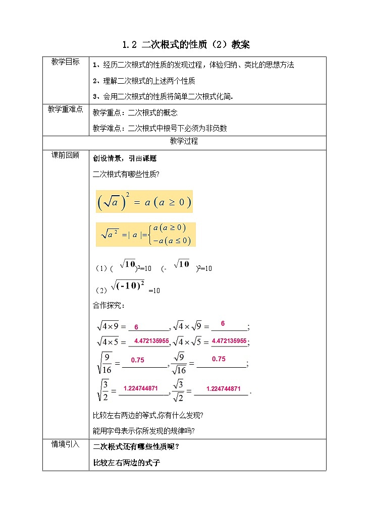 2022-2023学年数学浙教版八年级下册 1.2 二次根式的性质 ( 2 ) 教案第1页