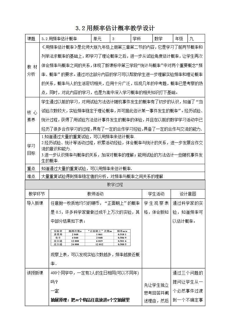 【核心素养目标】3.2《用频率估计概率》课件+教案01