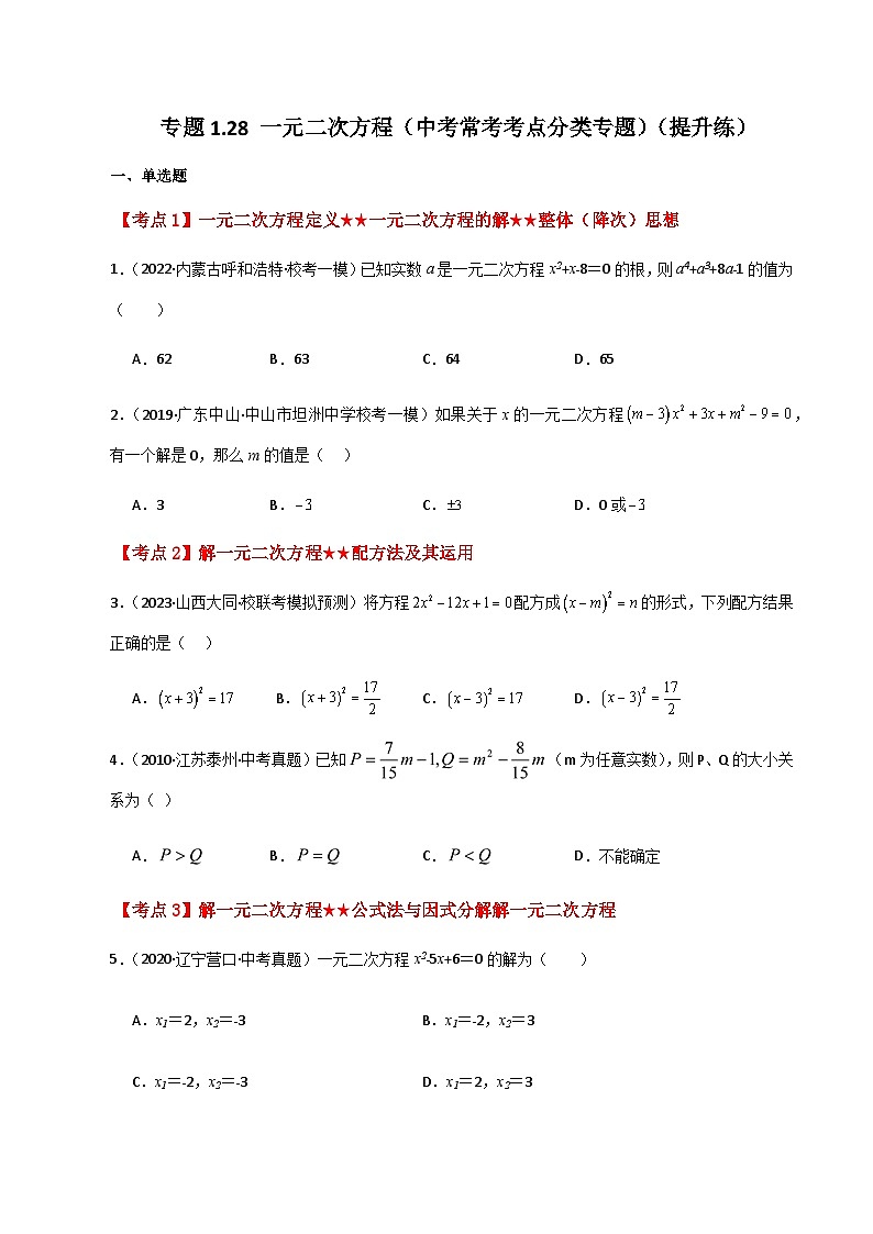 专题1.28 一元二次方程(中考常考考点分类专题)(提升练)-2023-2024学年九年级数学上册基础知识专项突破讲与练(苏科版)01