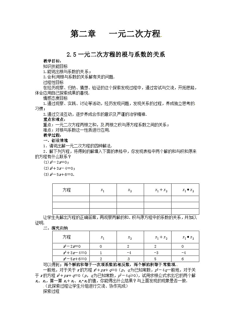 《一元二次方程的根与系数的关系》教学设计2-九年级上册数学人教版第1页
