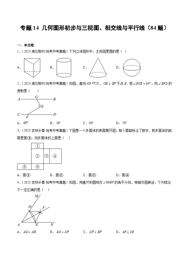 专题14 几何图形初步与三视图、相交线与平行线- 2023年中考数学真题分类汇编（通用版含解析）01