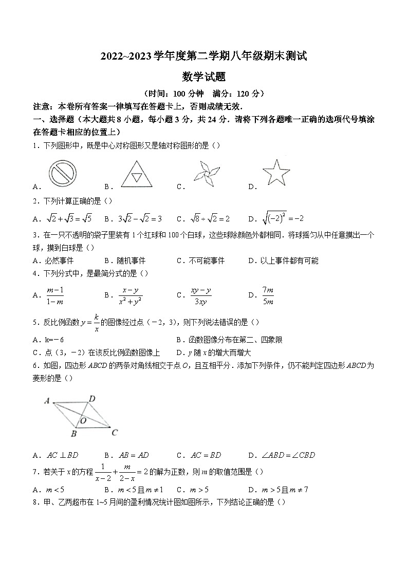 江苏省淮安市涟水县2022-2023学年八年级下学期期末数学试题(含答案)第1页