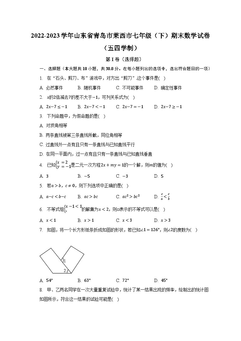 2022-2023学年山东省青岛市莱西市七年级(下)期末数学试卷(五四学制)(含解析)第1页
