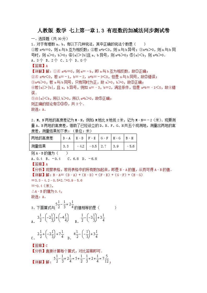 人教版数学七上 第一章 1.3有理数的加减 同步测试卷（困难）01