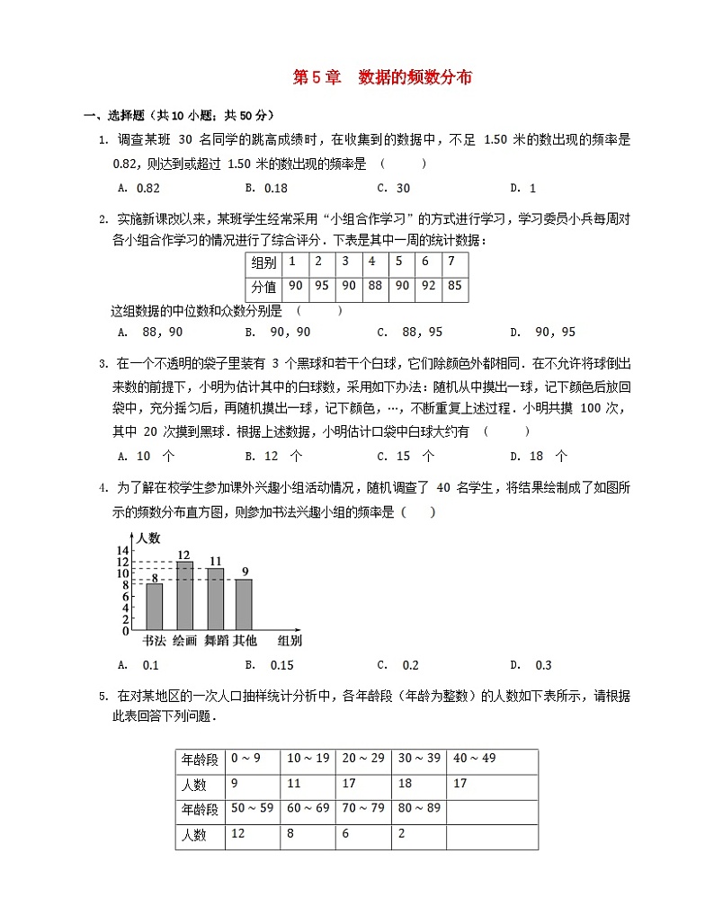 2023八年级数学下册第5章数据的频数分布单元试卷新版湘教版01
