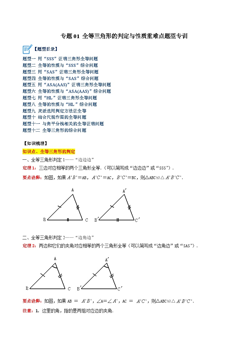 专题01 全等三角形的判定与性质重难点题型专训-2023-2024八年级数学上册重难点专题提升精讲精练（苏科版）