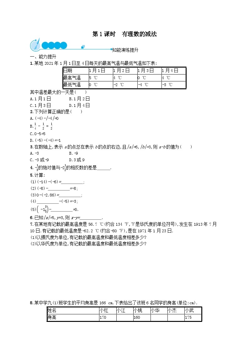 第1章有理数1.3有理数的加减法1.3.2有理数的减法第1课时有理数的减法课后习题（人教版）01