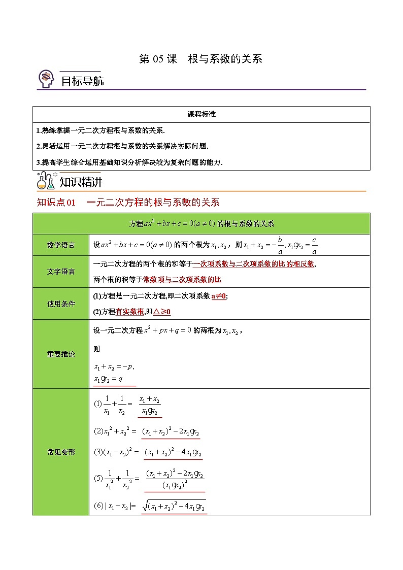 人教版九年级数学上册同步精品讲义 第05课  根与系数的关系(教师版)第1页